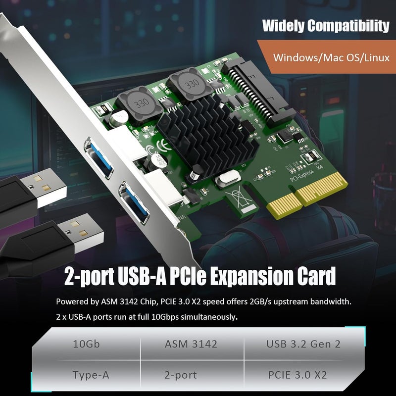 GLOTRENDS U3142A 2-Port 10Gb USB 3.1 Gen2 Type-A to PCIE X4 Expansion Card with ASM 3142 Chip, Regular and Low-profible Bracket - Image 3