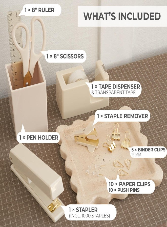 KIBAGA Aesthetic Desk Accessories Set - A Complete Desktop Organizer Set For Women Enhances Any Office Decor - An Office Supplies Kit w Gold Finish incl. Pen Holder, Scissors, Stapler, Tape Dispenser & More - Image 4