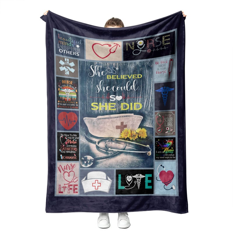 Super Soft Fleece Throw Blanket for Nurse RN  Thank You Gift for Women Nurses Week  50x60 Blue