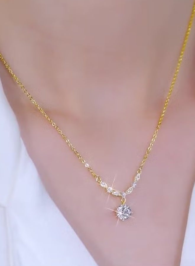 DAEVO Gold Plated V-Shaped Zircon Pendant Necklace with Leaf Accents for Women - Image 1