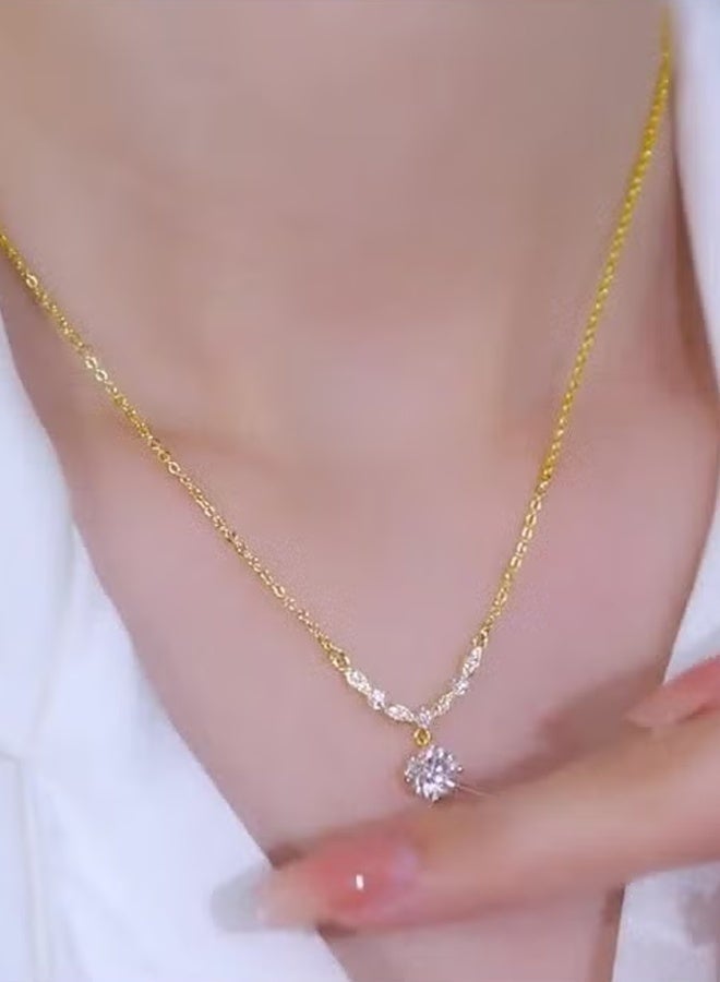 DAEVO Gold Plated V-Shaped Zircon Pendant Necklace with Leaf Accents for Women - Image 2