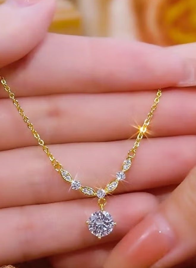DAEVO Gold Plated V-Shaped Zircon Pendant Necklace with Leaf Accents for Women - Image 3