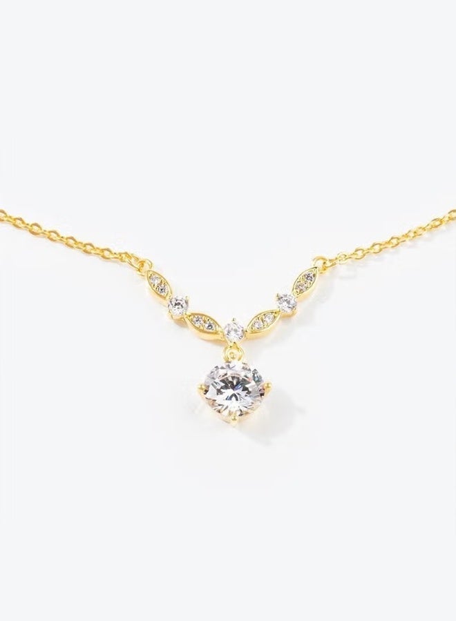DAEVO Gold Plated V-Shaped Zircon Pendant Necklace with Leaf Accents for Women - Image 4