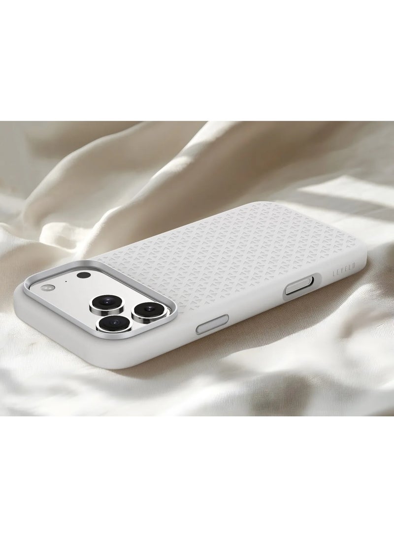 LEVELO Fiora MagSafe Liquid Silicone Case for iPhone 17 Pro with Pattern Design / Premium Silicone Grip / Shock-Resistant Bumper / Aluminum Alloy Frame for Camera & Buttons / Strong Magnet - Silver - Image 4