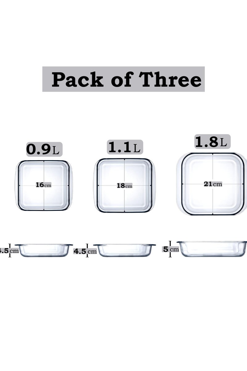 ماماتونس مجموعة من 3 صواني خبز زجاجية، طبق خبز زجاجي، قوالب خبز وأطباق تقديم، شكل مربع، 3 أحجام 0.9 لتر، 1.1 لتر، 1.8 لتر، آمنة للاستخدام في الفرن والفريزر - Image 2