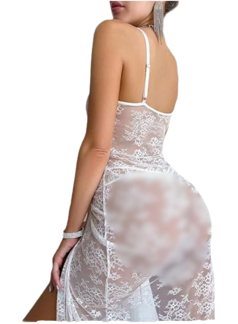 Women's Floral Lace Maxi Dress with Side Slit Soft Stretch Lace Sleep Dress Elegant Lightweight Comfortable Adjustable Straps Free Size Up to 85 KG - Image 3