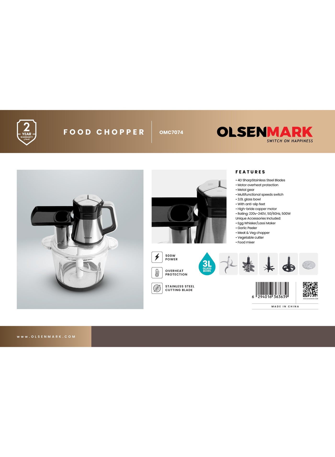 Olsenmark 3L Food Chopper – OMC7074 | 500W Powerful Motor | 4D Stainless Steel Blades | Glass Bowl | Overheat Protection | Multi-Function Chopper & Mixer 500 W OMC7074 Black and Silver