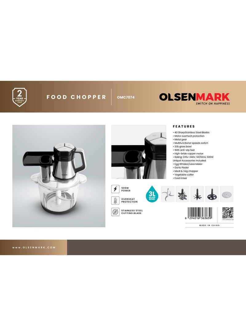 Olsenmark 3L Food Chopper – OMC7074 | 500W Powerful Motor | 4D Stainless Steel Blades | Glass Bowl | Overheat Protection | Multi-Function Chopper & Mixer 500 W OMC7074 Black and Silver - Image 1