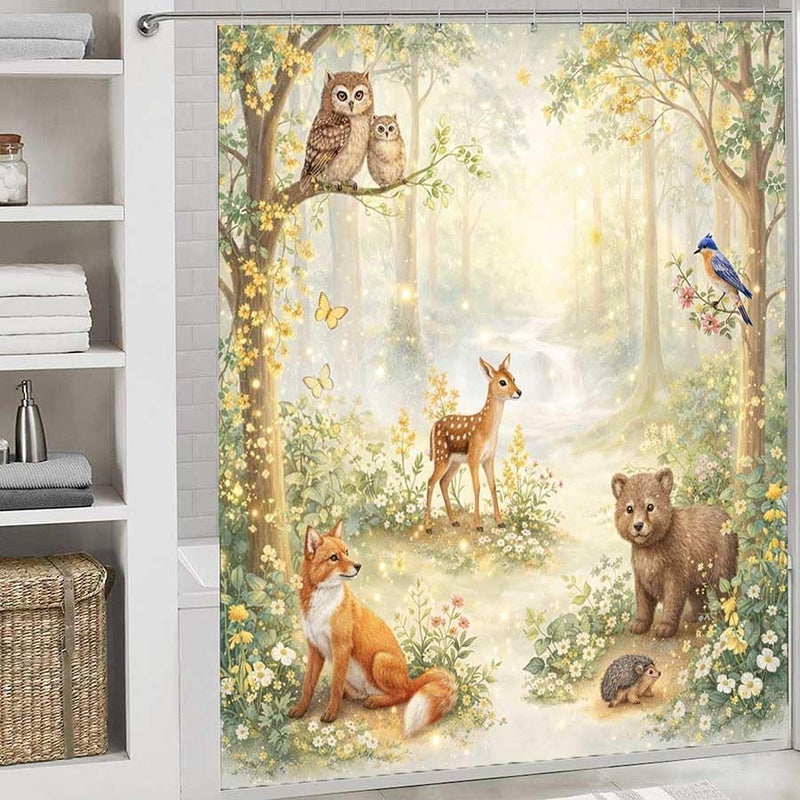 Forest Animals in a Magical Woodland sceneShower Curtain for Bathroom Waterproof Tan Shower Curtain with Hooks 71 inch x 71 inch - Image 2