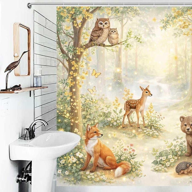 Forest Animals in a Magical Woodland sceneShower Curtain for Bathroom Waterproof Tan Shower Curtain with Hooks 71 inch x 71 inch - Image 4