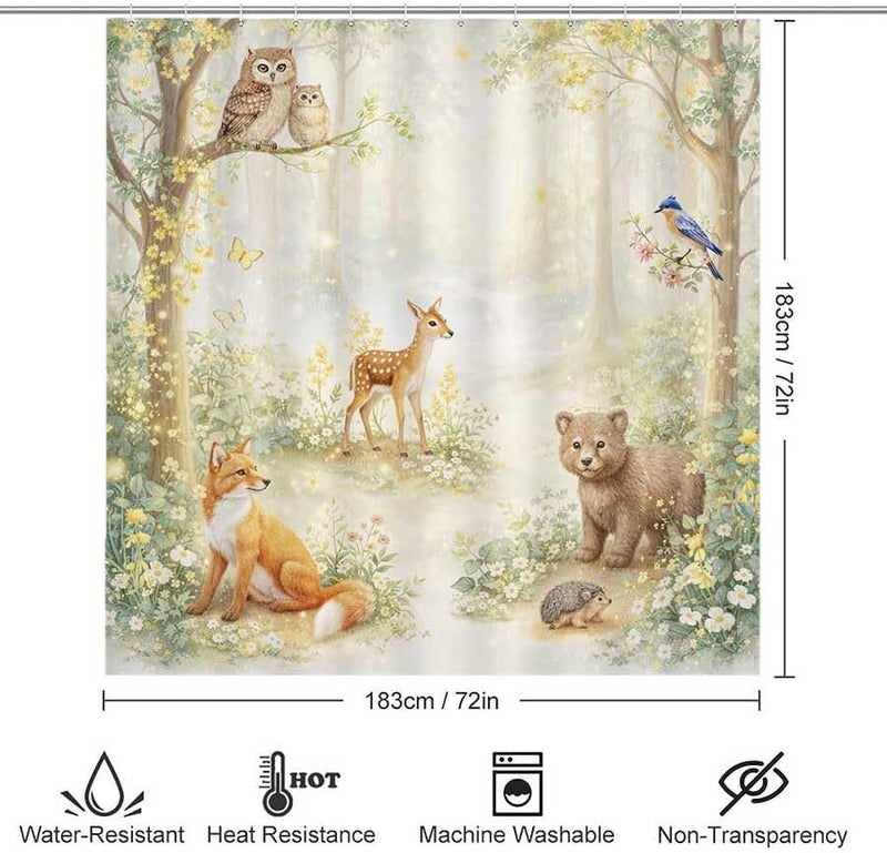 Forest Animals in a Magical Woodland sceneShower Curtain for Bathroom Waterproof Tan Shower Curtain with Hooks 71 inch x 71 inch - Image 3