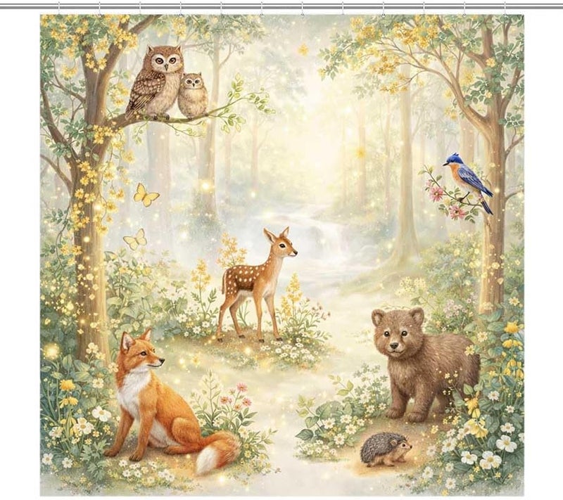 Forest Animals in a Magical Woodland sceneShower Curtain for Bathroom Waterproof Tan Shower Curtain with Hooks 71 inch x 71 inch - Image 1