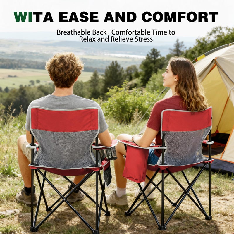 XMT Portable Outdoor Folding Chair with Cup Holder & Cooler Bag - Breathable Mesh, Wide Armrests, Ergonomic Design for Camping, Beach, Backyard - Includes Storage Bag & Bottle Opener (Black/Green/Red) - Image 5