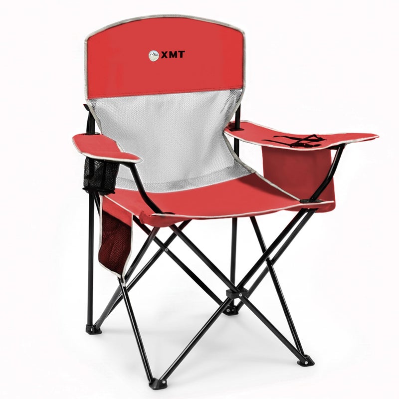 XMT Portable Outdoor Folding Chair with Cup Holder & Cooler Bag - Breathable Mesh, Wide Armrests, Ergonomic Design for Camping, Beach, Backyard - Includes Storage Bag & Bottle Opener (Black/Green/Red) - Image 1