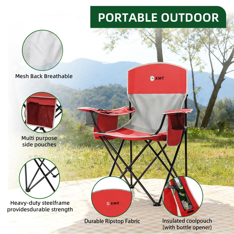 XMT Portable Outdoor Folding Chair with Cup Holder & Cooler Bag - Breathable Mesh, Wide Armrests, Ergonomic Design for Camping, Beach, Backyard - Includes Storage Bag & Bottle Opener (Black/Green/Red) - Image 3