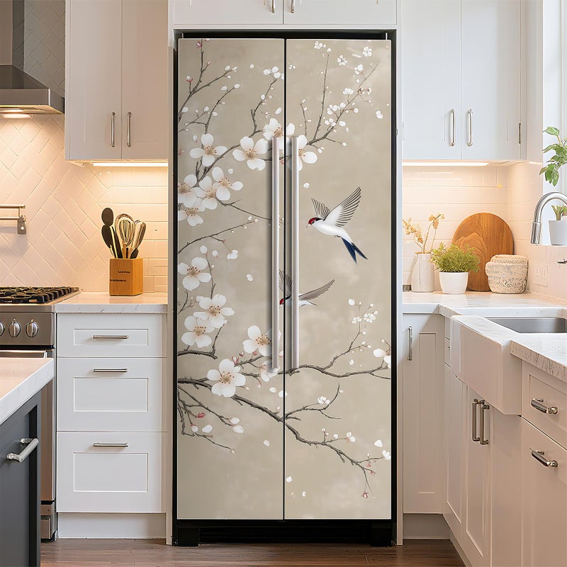 BVBOX Self-Adhesive Vinyl Refrigerator Stickers Peel and Stick Removable Wallpaper for Door Wall Furniture Wrinkle-Resistant Waterproof No Residue DIY Home Decor (Cherry Blossoms and Birds, 32.3"x78.7") - Image 3