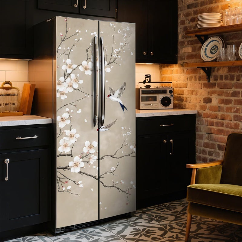BVBOX Self-Adhesive Vinyl Refrigerator Stickers Peel and Stick Removable Wallpaper for Door Wall Furniture Wrinkle-Resistant Waterproof No Residue DIY Home Decor (Cherry Blossoms and Birds, 32.3"x78.7") - Image 2