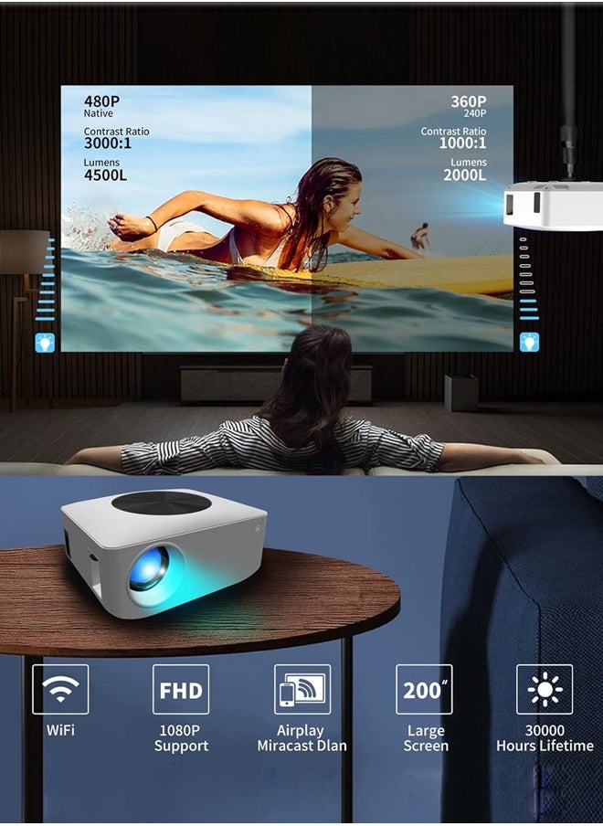 Mini Projector Portable WiFi Projector with 200in Projection Screen HD Home Outdoor Theater Projector