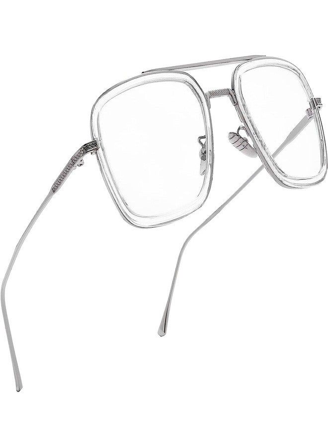 Dervin Blue Light Blocking Blue Cut Zero Power anti-glare Retro Square Eyeglasses, Frame for Eye Protection from UV by Computer/Tablet/Laptop/Mobile (Silver-Clear) - Image 1