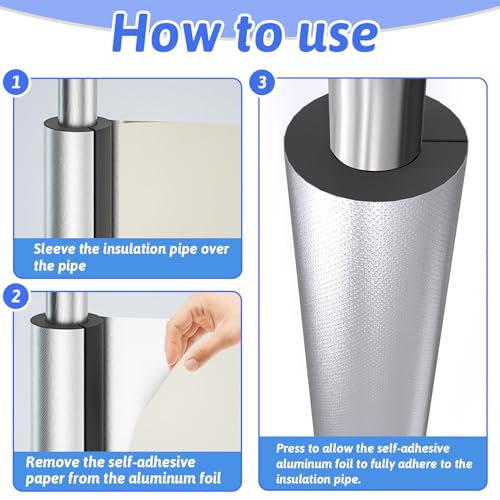 FUYITE 12 Pack Pipe Insulation Foam Tube, 3/4'' Self Adhesive Pre Slit Foam Pipe Covers Polyethylene with Aluminum Foil for Spigot, Winter Outside Pipes, Sprinkler, Water Heater Pipes Freeze Protection - Image 4