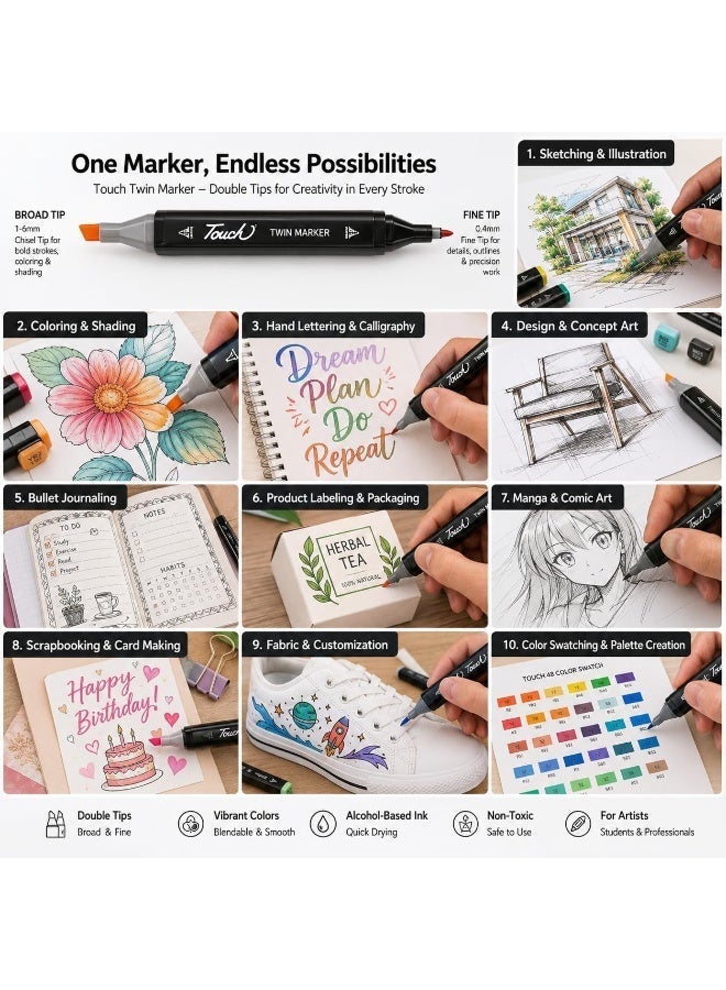 Touch Dual Tip Alcohol Art Marker Set Professional Sketching Markers, 24-Piece - Image 3