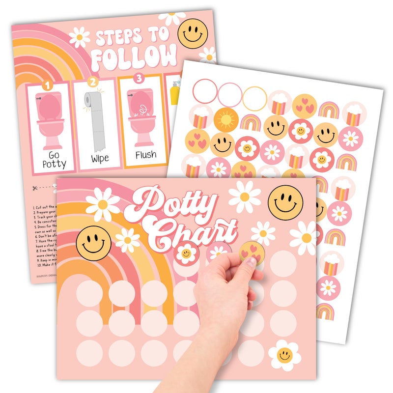 Hadley Designs Potty Training Chart for Toddlers Girls -10 Sticker Potty Chart for Toddlers Girls, 8.5x11" Potty Training Sticker Charts for Toilet Success, Retro Toddler Reward Chart for Kids - Image 1