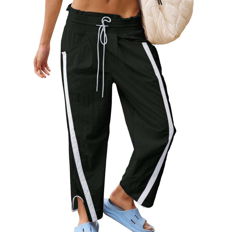 SeeLuNa Causal Wide Leg Pants Woman Drawstring Elastic Waist High Rise Strip Flowy Long Lounge Trousers Baggy Track Pants(Black,M) - Image 1