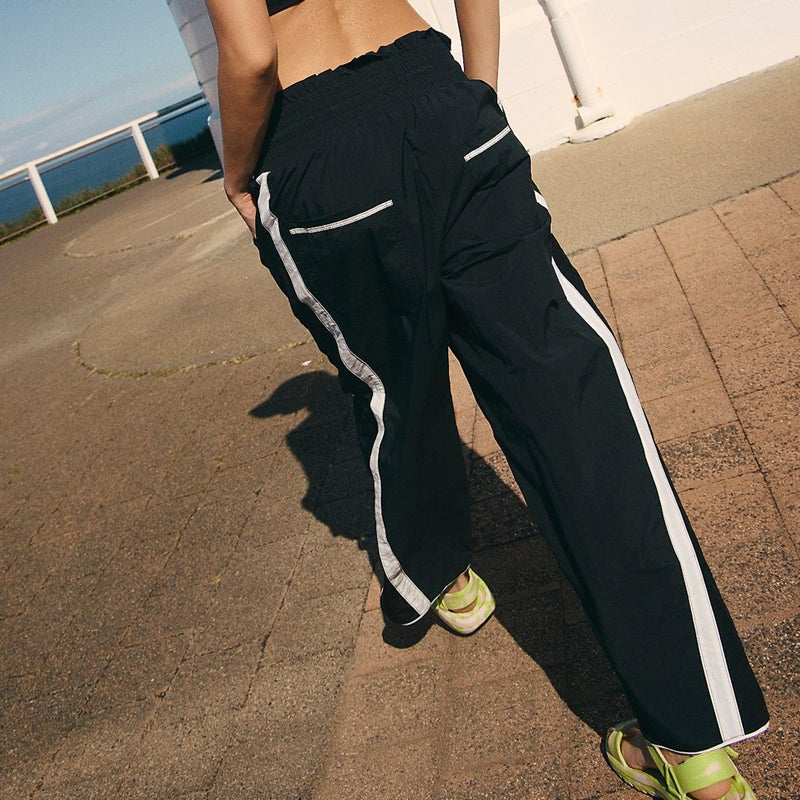 SeeLuNa Causal Wide Leg Pants Woman Drawstring Elastic Waist High Rise Strip Flowy Long Lounge Trousers Baggy Track Pants(Black,M) - Image 2