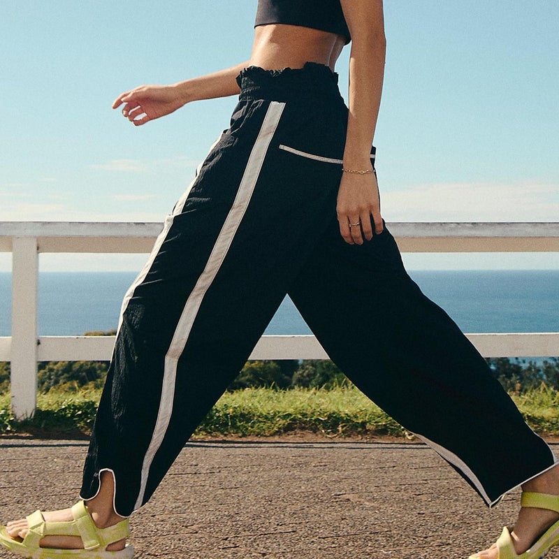 SeeLuNa Causal Wide Leg Pants Woman Drawstring Elastic Waist High Rise Strip Flowy Long Lounge Trousers Baggy Track Pants(Black,M) - Image 5