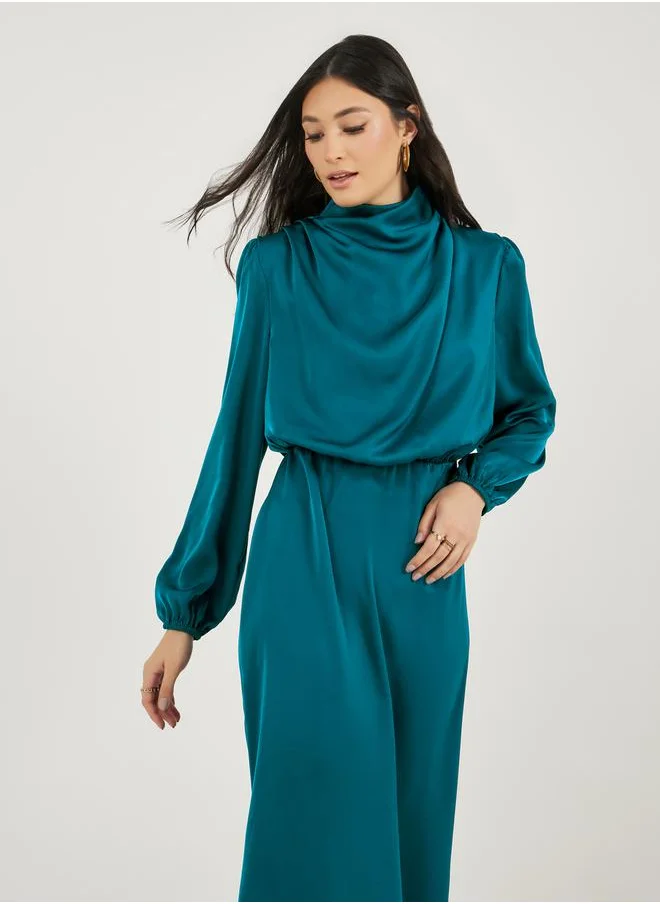 Styli Satin Look Draped Cowl Neck Sheath Midi Dress