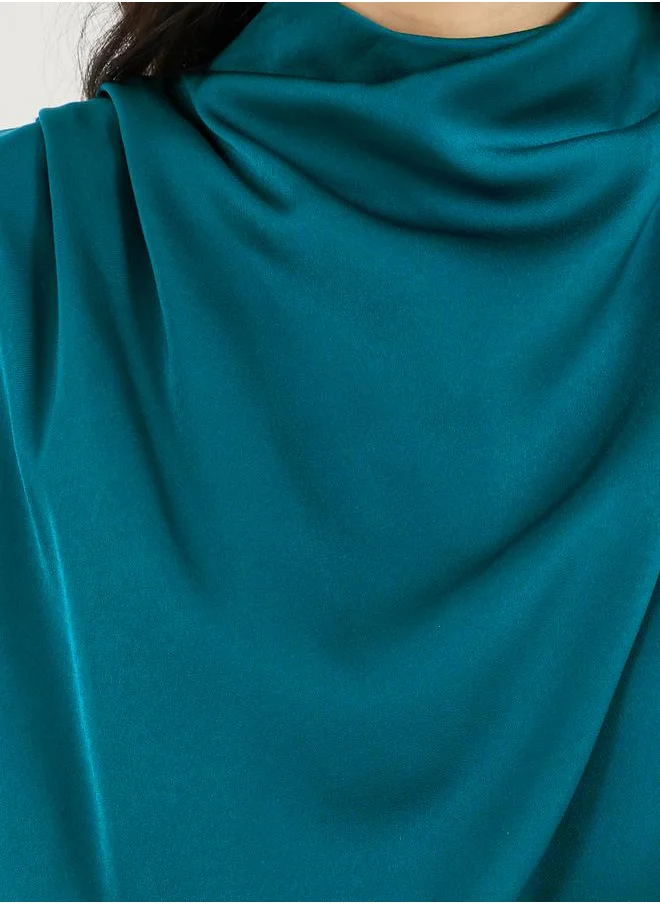 Styli Satin Look Draped Cowl Neck Sheath Midi Dress