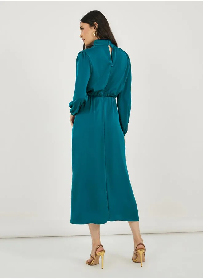 Styli Satin Look Draped Cowl Neck Sheath Midi Dress