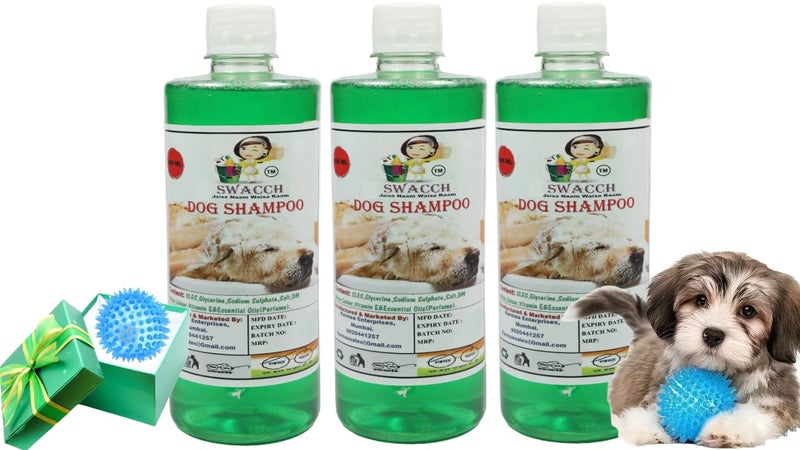 swacch Shampoo | Puppy Safe Shampoo | PH Balanced | Ditch to Itch for Dog Shampoo 500ml Pack of 3 (Neem Alovera) + Spike Ball Chew Toy Combo Pack - Image 1