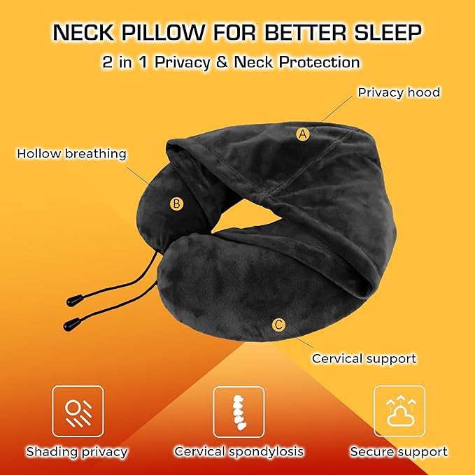 BigPlayer BigPlayer Travel Essentials Neck Pillow with Hood Air Cushion Car Pillows for Comfort Sleep and Travel in Plane Flight Train Airplane Travel Accessory Pillow for Neck Support Pain Relief - Image 2