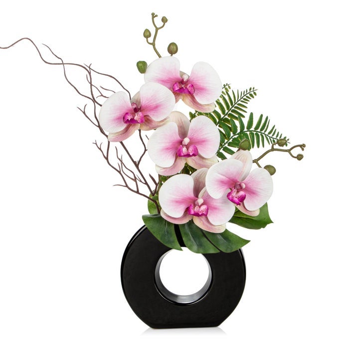 PINK ORCHID FAKE FLOWERS WITH VASE 161 ARTIFICIAL ORCHID SILK FLOWERS FAUX ORCHID ARRANGEMENT FOR HOME OFFICE DINING ROOM TABLE CENTERPIECE MODERN DECORATION