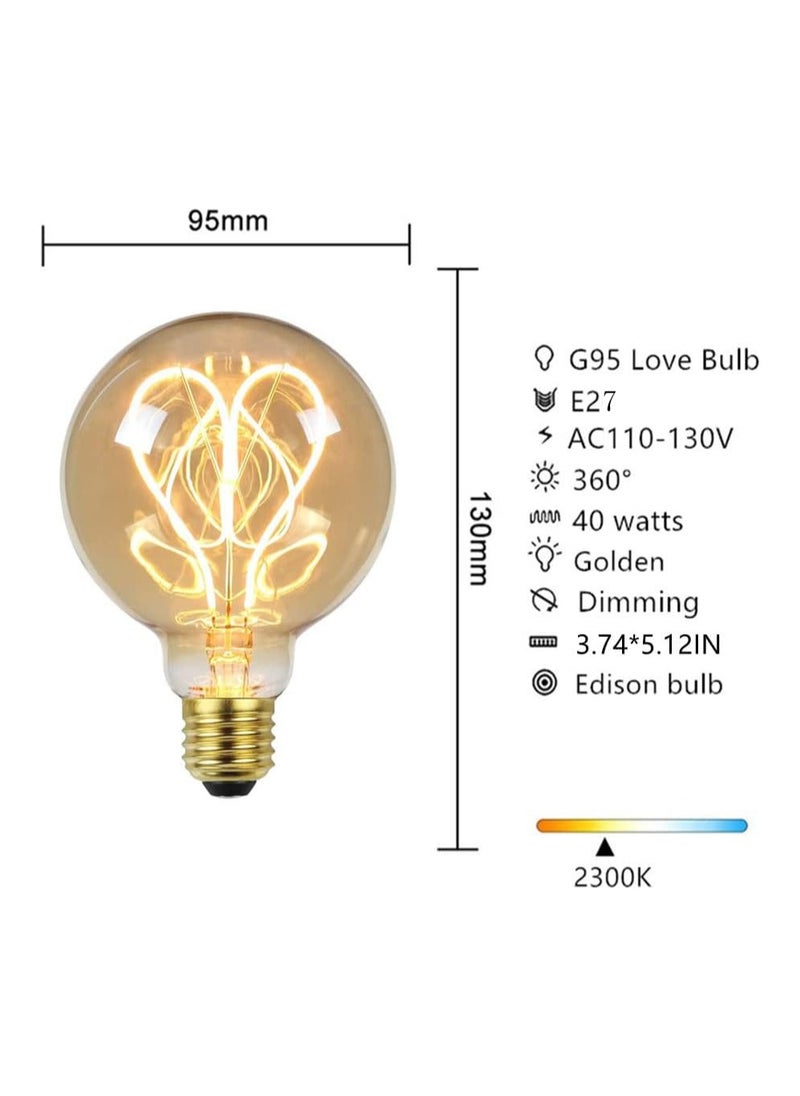 KASTWAVE - LED Light Bulbs, 2Pcs G95 Led Edison Bulb 4W Dimmable Heart Led Filament Vintage 110/130V E27 Decorative Light Bulb,2300K Warm Yellow Amber Gold Glass, Energy Class G - Image 1