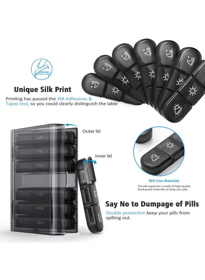 بيوينتي علبة حبوب لمدة 7 أيام تحتوي على 21 حجرة، علبة حبوب سفر، علبة حبوب عالية الجودة، بلاستيك بولي بروبلين صالح للطعام، مع وظيفة مقاومة الغبار، يمكنها تخزين الأدوية الحبيبية (أسود) - Image 5