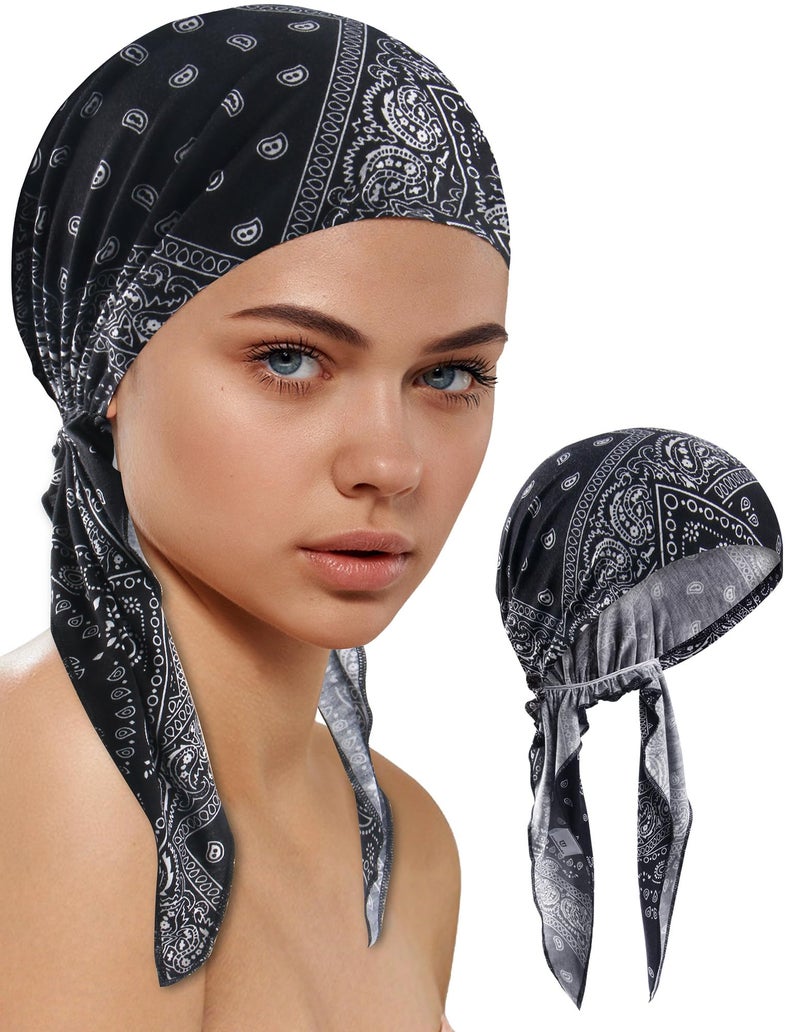 Ababalaya Chemo Headwear for Women Pre-tied Bandana Head Scarf Beanie Hat Hair Cover Turban, Softer Lightweight Headcovers for Bald Hair Loss Non Slip Sleep Cap, Black Paisley - Image 1