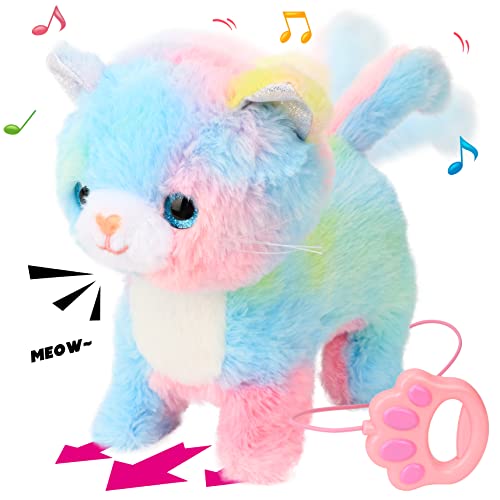 Hopearl Walking Cat Interactive Electronic Pet Singing Kitty Toy Remote Control Leash Animated Musical Kitten Miaow Wagging Tail Touch Recognition Gifts for Toddlers Birthday Rainbow 105 - Image 1