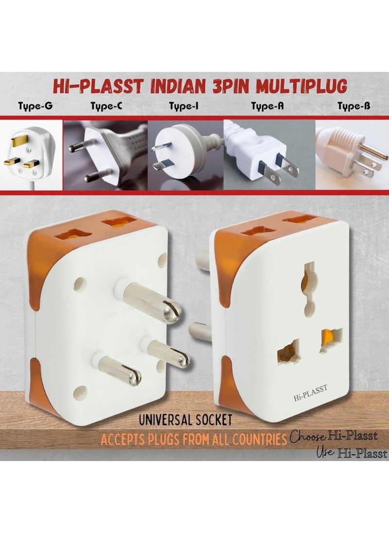 HI PLASST PINS N PLUGS HiPlasst Universal 3Pin Multi Plug with Type D Socket 2X 2Pin 1x 3Pin Outlets USUKEU to India Travel Converter Plug 6A for International Devices White Orange Pack of 5pcs  - Image 2
