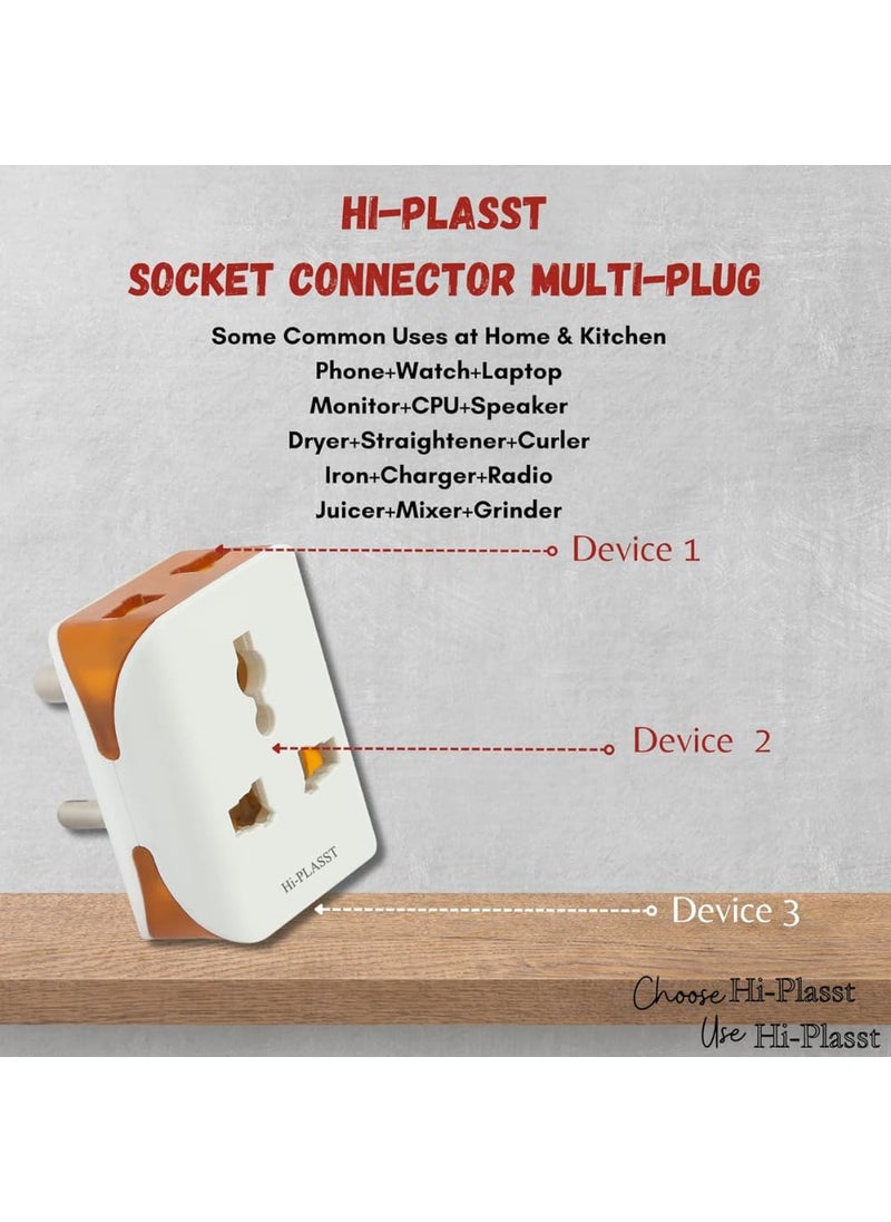 HI PLASST PINS N PLUGS HiPlasst Universal 3Pin Multi Plug with Type D Socket 2X 2Pin 1x 3Pin Outlets USUKEU to India Travel Converter Plug 6A for International Devices White Orange Pack of 5pcs  - Image 4