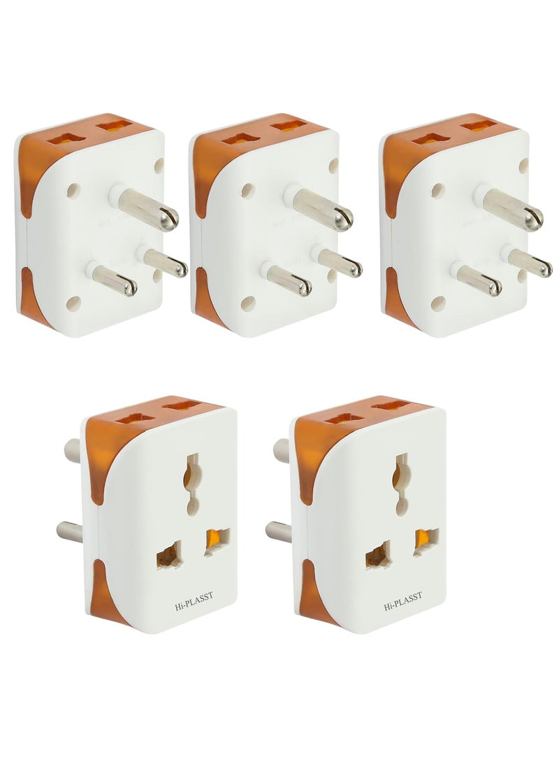 HI PLASST PINS N PLUGS HiPlasst Universal 3Pin Multi Plug with Type D Socket 2X 2Pin 1x 3Pin Outlets USUKEU to India Travel Converter Plug 6A for International Devices White Orange Pack of 5pcs  - Image 1