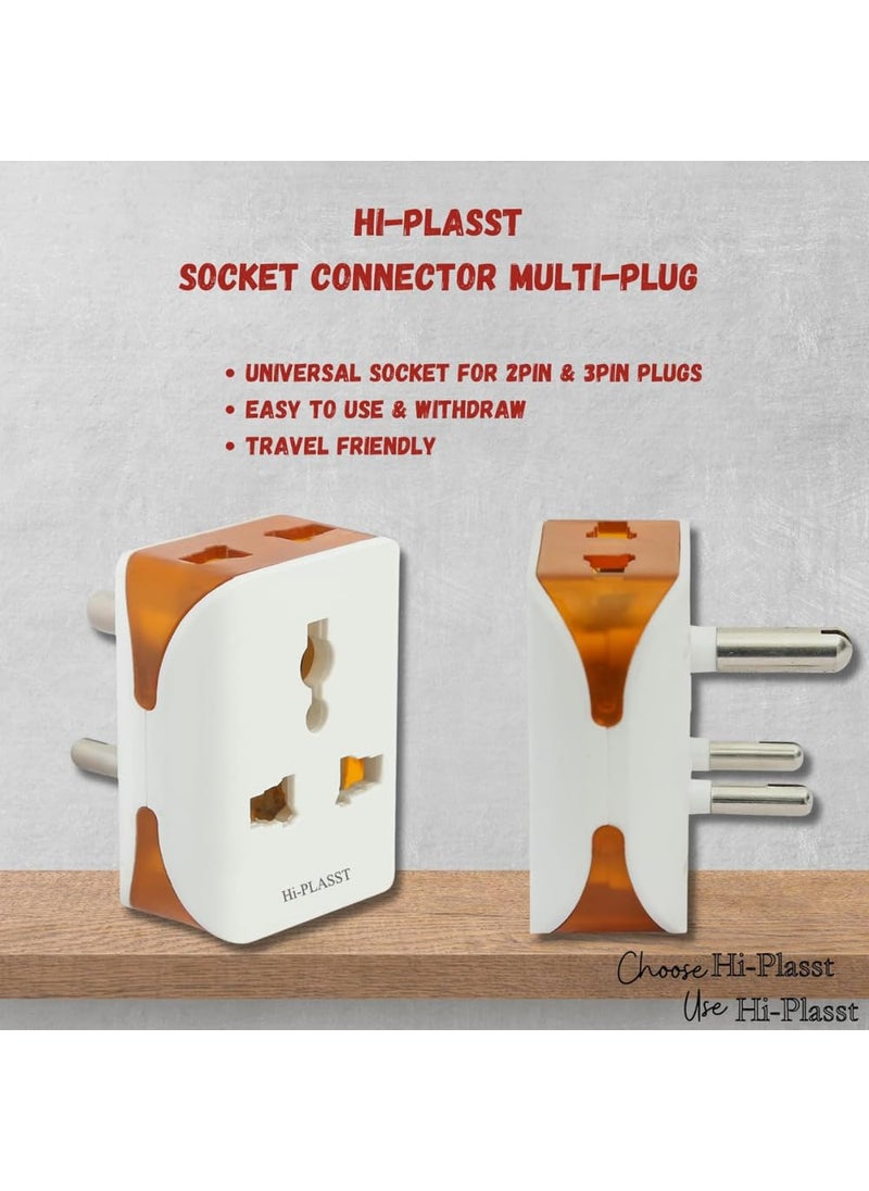 HI PLASST PINS N PLUGS HiPlasst Universal 3Pin Multi Plug with Type D Socket 2X 2Pin 1x 3Pin Outlets USUKEU to India Travel Converter Plug 6A for International Devices White Orange Pack of 5pcs  - Image 3