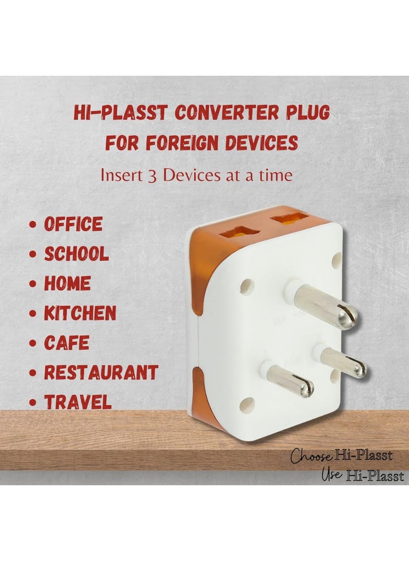 HI PLASST PINS N PLUGS HiPlasst Universal 3Pin Multi Plug with Type D Socket 2X 2Pin 1x 3Pin Outlets USUKEU to India Travel Converter Plug 6A for International Devices White Orange Pack of 5pcs  - Image 5