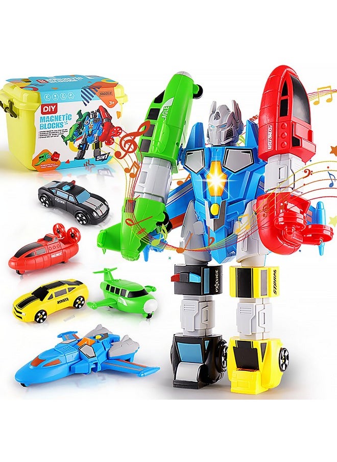 Sommer SOMMER 5-in-1 Magnetic Vehicles Toy Playset, Mix and Match STEM Stacking Assembling Car Kit with Storage Box, Transform into Robot, Birthday Gift for Toddler Kids 3 4 5 6 7 Year Old Boys Girls  - Image 1