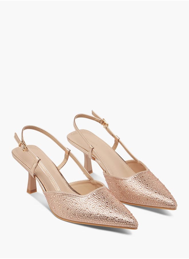 Flora Bella By Shoexpress Women Embellished Slingback Shoes with Flared Heels and Buckle Closure  - Image 1