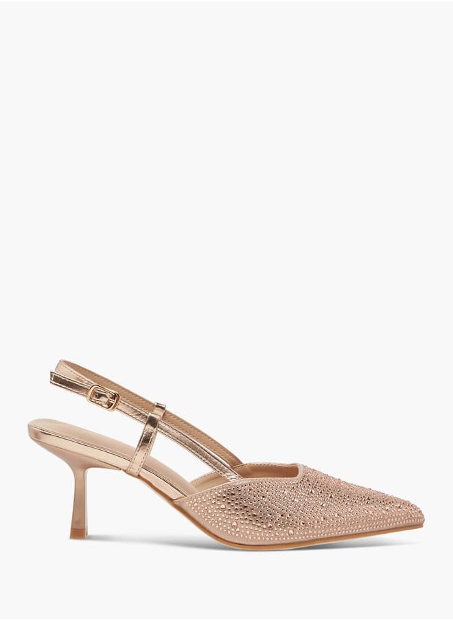 Flora Bella By Shoexpress Women Embellished Slingback Shoes with Flared Heels and Buckle Closure  - Image 3