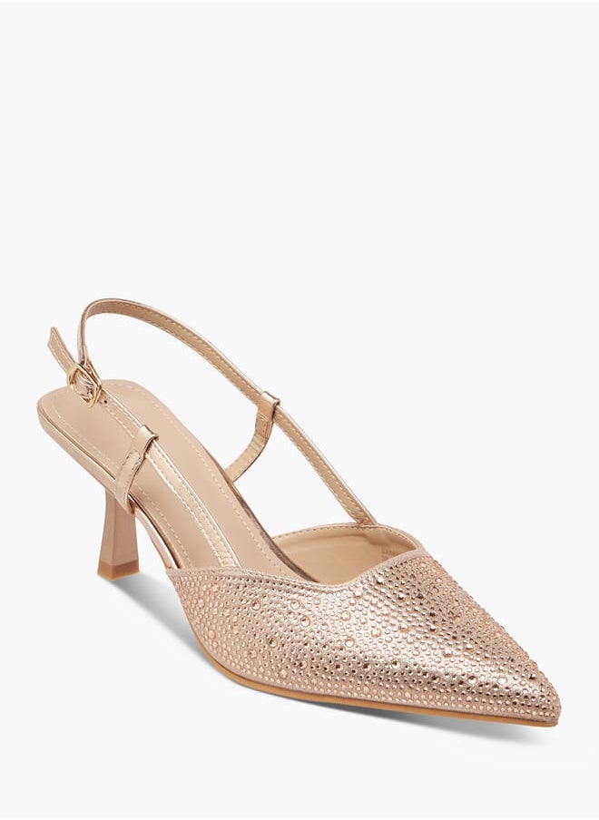 Flora Bella By Shoexpress Women Embellished Slingback Shoes with Flared Heels and Buckle Closure  - Image 2