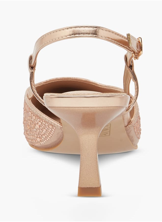 Flora Bella By Shoexpress Women Embellished Slingback Shoes with Flared Heels and Buckle Closure  - Image 5
