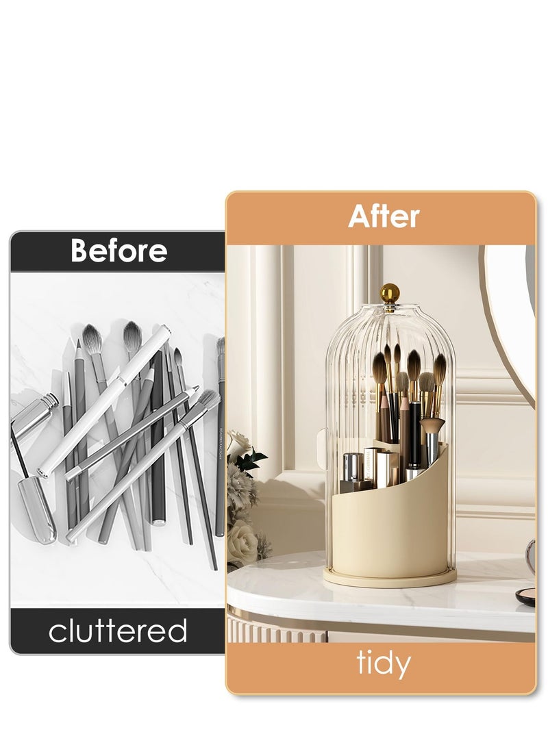 Loquat Cosmetic storage box with lid,360 Rotating Clear Dustproof Makeup Brushes Organizer(Beige) - Image 4